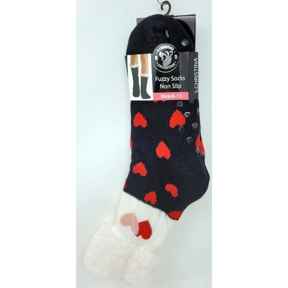 iBerryNY Accessories - Women's Warm Thermal Fuzzy Slipper Socks - Black/Red Hearts Design